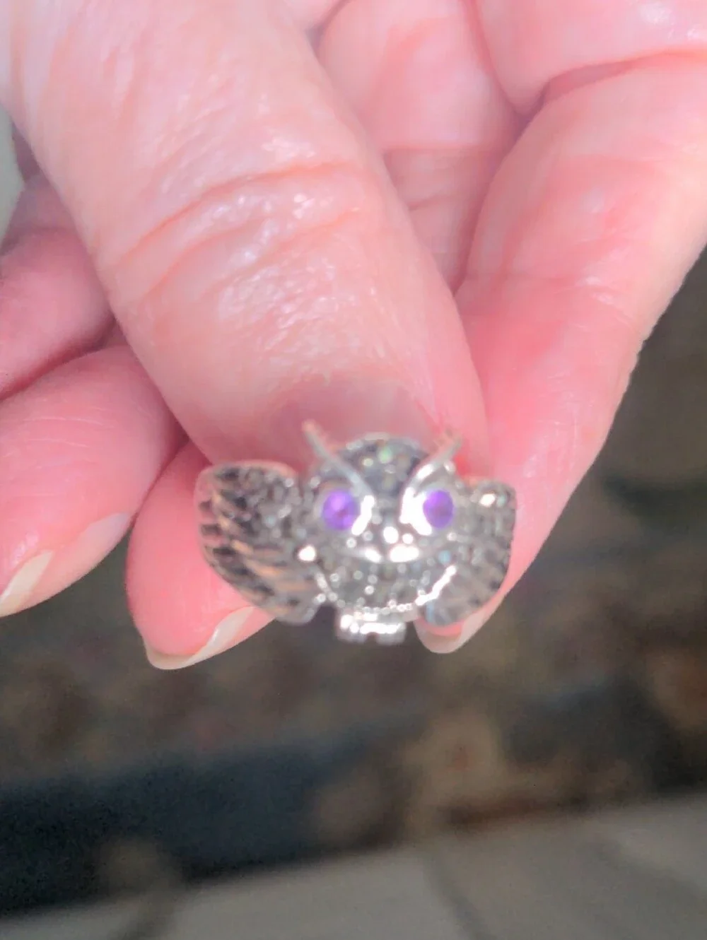 Sterling Silver Owl Ring with Amethyst Gemstone Accents, New.  Sz. 9 1/4
